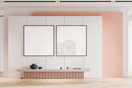 Foto de Interior de la sala de estar de color rosa y blanco con estante y decoración de arte. Acogedor diseño escandinavo y piso de madera. Dos carteles cuadrados de tela simulados en fila. Renderizado 3D - Imagen libre de derechos