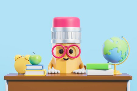 Photo for Yellow pencil teacher in glasses sitting at desk with books, globe and alarm clock. Concept of education and learning. 3d rendering - Royalty Free Image
