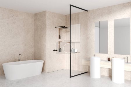 Téléchargez les photos : Hôtel de luxe salle de bain intérieure avec baignoire et douche avec cloison vitrée, double lavabo avec miroirs et accessoires. Coin de bain élégant design moderne. rendu 3D - en image libre de droit