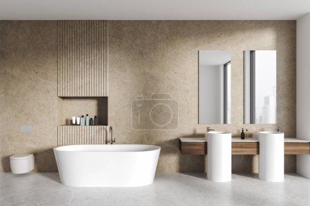 Photo for Interior of modern bathroom with light stone walls, concrete floor, comfortable white double sink with two vertical mirrors, cozy bathtub and toilet. 3d rendering - Royalty Free Image