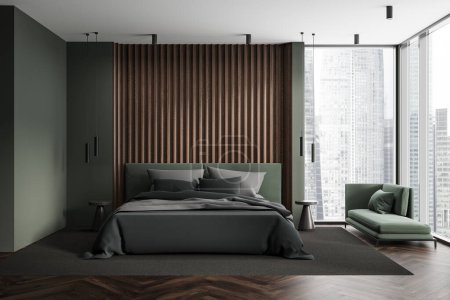Photo for Interior of stylish bedroom with green walls, wooden floor, comfortable king size bed with dark gray cover and cozy armchair standing near panoramic window. 3d rendering - Royalty Free Image