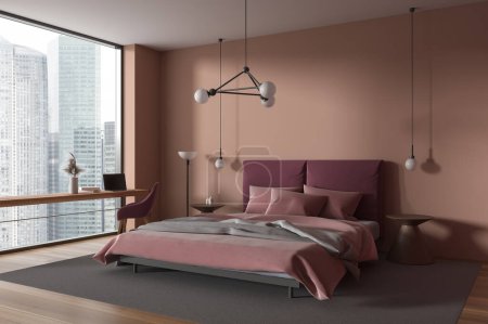 Photo for Pink hotel bedroom interior bed and workplace with laptop, carpet on hardwood floor. Stylish minimalist relax corner with panoramic window on Singapore skyscrapers. 3D rendering - Royalty Free Image