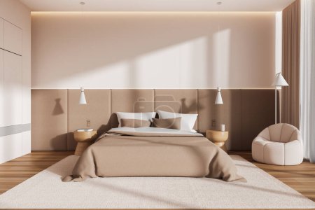 Photo for Interior of modern bedroom with white and beige walls, wooden floor, comfortable king size bed with two bedside tables and cozy armchair. 3d rendering - Royalty Free Image