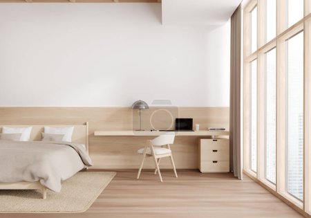 Photo for Wooden and white home bedroom interior bed and workplace, chair and carpet on hardwood floor. Cozy sleep room with work desk, panoramic window on skyscrapers. 3D rendering - Royalty Free Image