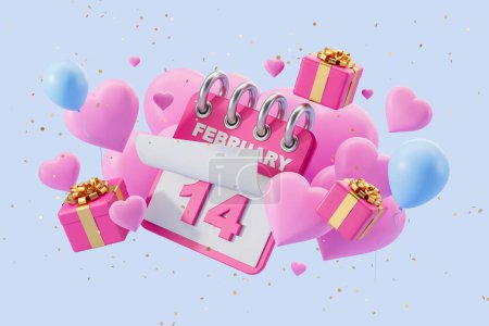 Photo for February 14 calendar page with colorful hearts, gift boxes falling with confetti. Concept of valentines day, online shipping and love. 3D rendering illustration - Royalty Free Image