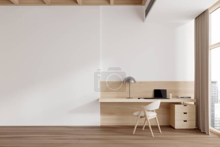 Téléchargez les photos : Intérieur du bureau moderne avec des murs blancs, plancher en bois, bureau d'ordinateur confortable avec chaise blanche et mur d'espace de copie sur la gauche. Rendu 3d - en image libre de droit