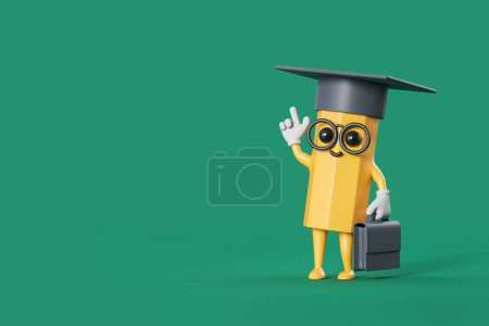 Photo for View of yellow pencil with briefcase wearing graduation hat standing over green background. Concept of education and career choice. 3d rendering - Royalty Free Image