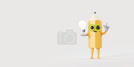Photo for View of cute yellow pencil holding small light bulb standing over white copy space background. Concept of bright idea and brainstorming. 3d rendering - Royalty Free Image