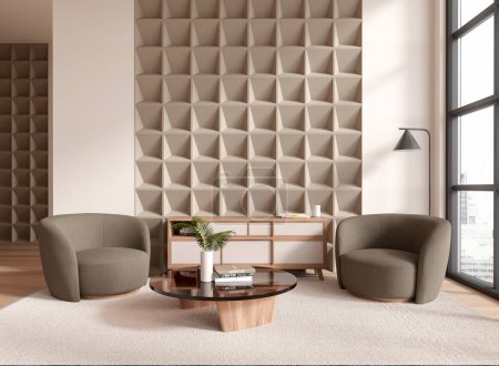Foto de Interior de la moderna sala de estar con paredes beige, suelo de madera, dos cómodos sillones grises de pie en la alfombra cerca de la mesa de centro redonda. renderizado 3d - Imagen libre de derechos