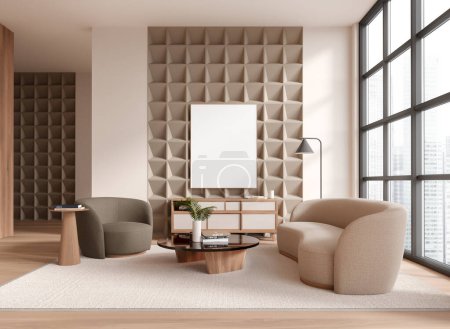 Foto de Interior de la moderna sala de estar con paredes beige, suelo de madera, dos cómodos sillones grises de pie en la alfombra cerca de la mesa de centro redonda. Una maqueta vertical de póster. renderizado 3d - Imagen libre de derechos