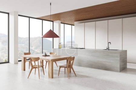 Photo for Corner view of home kitchen interior with wooden dining table with chairs, stone bar island and panoramic window on countryside. Cooking and eating zone in modern apartment. 3D rendering - Royalty Free Image