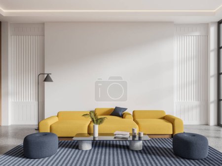 Foto de Elegante hogar interior de la sala de estar con sofá amarillo y puf azul, decoración minimalista y lámpara en la alfombra, suelo de granito claro. Finge copiar espacio en blanco de la pared. Renderizado 3D - Imagen libre de derechos