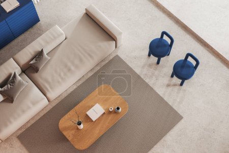 Photo for Top view of modern cozy home interior with sofa and two chairs. Sideboard and coffee table with art decoration on carpet, light concrete floor. 3D rendering - Royalty Free Image