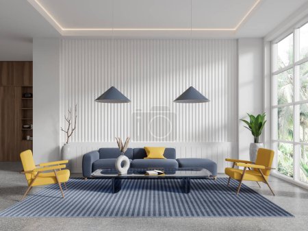 Foto de Interior de la elegante sala de estar con paredes blancas, suelo de hormigón, acogedor sofá azul y sillones amarillos de pie cerca de la mesa de centro. renderizado 3d - Imagen libre de derechos