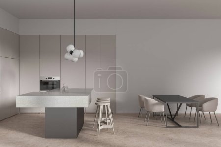 Photo for Modern home kitchen interior with bar island and stool, beige concrete floor. Eating table with chairs and cooking space with cabinet and kitchenware. 3D rendering - Royalty Free Image