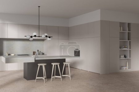 Photo for Interior of modern kitchen with beige walls, concrete floor, beige cupboard and cabinets with built in cooker and cozy island with chairs. 3d rendering - Royalty Free Image