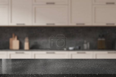 Foto de Mesa de exhibición de productos de piedra oscura de pie en una elegante cocina borrosa con paredes grises y armarios y armarios blancos. renderizado 3d - Imagen libre de derechos