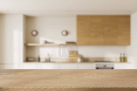 Foto de Mesa de exposición de productos de madera ubicada en una elegante cocina borrosa con paredes blancas y estantes de madera con electrodomésticos de cocina. renderizado 3d - Imagen libre de derechos