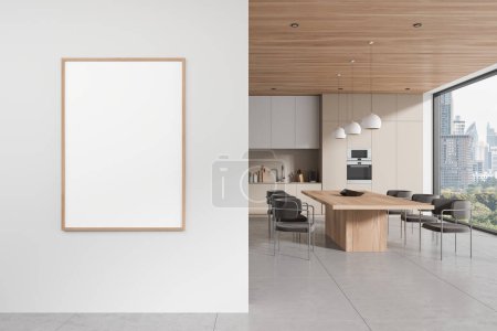 Photo for Interior of stylish kitchen with beige and white walls, tiled floor, white cupboards, beige cabinets and long dining table with chairs. Mock up poster on the left. 3d rendering - Royalty Free Image