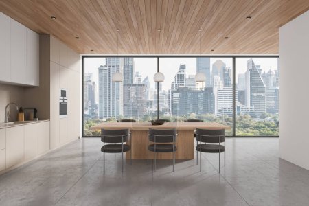Foto de Interior de la cocina del hogar blanco y de madera con mesa de comedor y sillas, suelo de baldosas de hormigón. Espacio de cocina minimalista con armario, ventana panorámica de los rascacielos de Bangkok. Renderizado 3D - Imagen libre de derechos