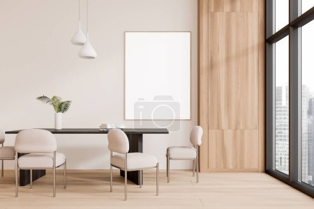Photo for Wooden beige home living room interior with table and chairs, hardwood floor. Eating zone with panoramic window on skyscrapers. Mock up canvas poster on wall. 3D rendering - Royalty Free Image