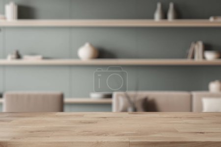 Photo for Empty wooden desk and eating table with chairs, shelf with art decoration. Cozy living room with furniture and mockup copy space for product display. 3D rendering - Royalty Free Image