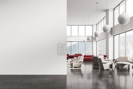Photo for Modern office lounge zone interior with red modular sofa and armchairs, carpet on grey granite floor. Panoramic window on countryside view. Mockup copy space wall partition. 3D rendering - Royalty Free Image