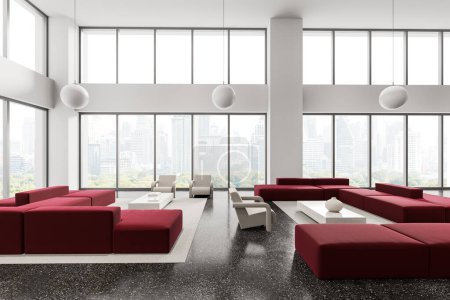Photo for White office lounge zone interior with red modular sofa and coffee table, carpet on grey granite floor. Panoramic window on Bangkok skyscrapers. 3D rendering - Royalty Free Image