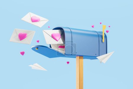 Photo for View of blue mail box filled with Valentine cards over blue background.. Concept of Valentines day celebration and love. 3d rendering - Royalty Free Image