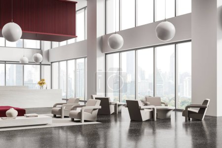 Foto de Salón de oficina rojo y blanco interior con sofá modular rojo y sillones, alfombra vista lateral en piso de granito gris. Ventana panorámica de los rascacielos de Bangkok. Renderizado 3D - Imagen libre de derechos