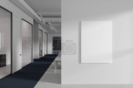 Téléchargez les photos : Intérieur du bureau moderne à aire ouverte avec murs blancs, sol en béton et bleu et rangées de bureaux avec chaises et affiche verticale maquette sur la droite. Rendu 3d - en image libre de droit