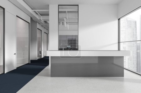 Téléchargez les photos : Intérieur d'un élégant hall de bureau avec murs blancs, sol en béton et bleu et confortable comptoir de réception gris. Rendu 3d - en image libre de droit