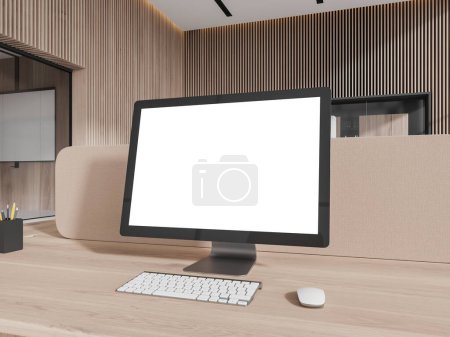 Foto de Interior de coworking de madera con simulacro de pantalla de PC vacía en el escritorio de la oficina, vista lateral del lugar de trabajo de negocios con tecnología. Marketing, publicidad o diseño web. Renderizado 3D - Imagen libre de derechos