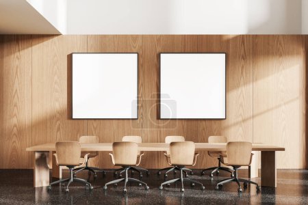 Foto de Acogedor interior de la conferencia con sillas de madera y mesa, suelo de granito gris. Espacio de encuentro con muebles elegantes, carteles de lona cuadrada en fila. Renderizado 3D - Imagen libre de derechos