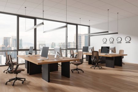 Photo for Corner view of stylish office interior with armchairs and pc computers, shared desk on hardwood floor. Cozy coworking room with panoramic window on Kuala Lumpur. 3D rendering - Royalty Free Image