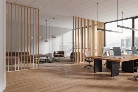 Foto de Esquina de elegante oficina de espacio abierto con paredes blancas y de madera, suelo de madera, escritorios de ordenador y sala de espera con cómodo sofá y sillones. renderizado 3d - Imagen libre de derechos