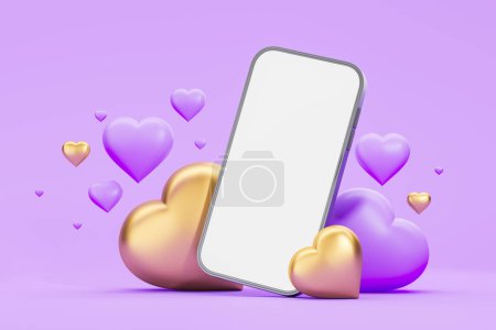 Foto de Visualización del espacio de copia en blanco del teléfono burlón, corazón flotante sobre fondo púrpura. Concepto de compras en línea, día de San Valentín, tienda y regalo. Ilustración de representación 3D - Imagen libre de derechos