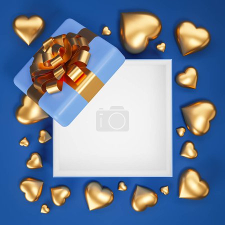 Photo for View of open gift box with gold hearts around it over blue background. Concept of Valentines day celebration and love. 3d rendering - Royalty Free Image