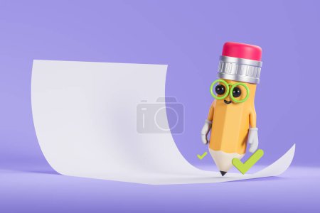 Photo for Mockup blank paper list and cartoon character pencil, green signature on purple background. Concept of business document, contract and agreement. 3D rendering illustration - Royalty Free Image