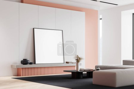 Photo for Pink and white home living room interior with sofa and art decoration on shelf, side view carpet on hardwood floor. Mock up square canvas poster. 3D rendering - Royalty Free Image