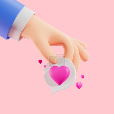 Foto de Vista de la mano del hombre de dibujos animados sosteniendo la burbuja del habla con el corazón sobre el fondo rosa. Concepto de celebración del día de San Valentín y amor. renderizado 3d - Imagen libre de derechos
