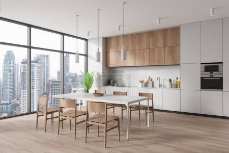 Photo for Luxury home kitchen interior with dining table and chairs, side view hardwood floor. Minimalist cooking corner with cabinet, panoramic window on Bangkok skyscrapers. 3D rendering - Royalty Free Image