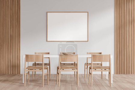 Téléchargez les photos : Élégant salon intérieur avec table et chaises en bois. Espace repas avec décoration minimaliste, parquet. Affiche de toile maquillée sur le mur. rendu 3D - en image libre de droit