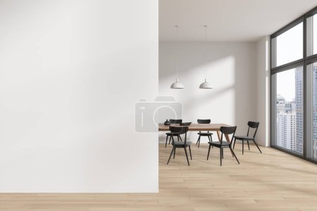 Photo for White home living room interior with eating table, chairs on hardwood floor. Stylish meeting or dining area with panoramic window on skyscrapers. Mockup copy space empty wall partition. 3D rendering - Royalty Free Image