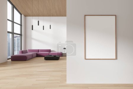 Photo for Interior of stylish living room with white walls, wooden floor, comfortable red sofa standing near square coffee table and vertical mock up poster. 3d rendering - Royalty Free Image