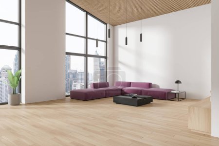 Foto de Vista de esquina del interior de la sala de estar con sofá púrpura, mesa de centro con decoración, planta de la casa en el suelo de madera. Ventana panorámica en Bangkok y se burlan de pared vacía. Renderizado 3D - Imagen libre de derechos