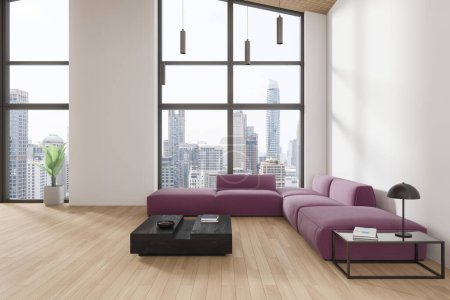 Foto de Interior de la elegante sala de estar con paredes blancas, suelo de madera, cómodo sofá rojo de pie cerca de la mesa de café cuadrada. renderizado 3d - Imagen libre de derechos
