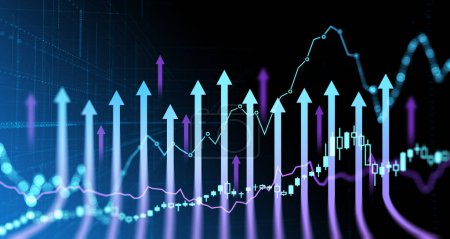 Photo for Forex hologram with lines, growing arrows and candlesticks, stock market dynamics. Concept of investment, business growth and success. 3D rendering illustration - Royalty Free Image