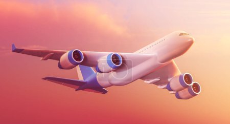 Téléchargez les photos : Grand avion de dessin animé volant dans le ciel couchant, vue latérale. Concept de voyage et tourisme, voyage d'affaires et réservation de billets en ligne. Illustration de rendu 3D - en image libre de droit