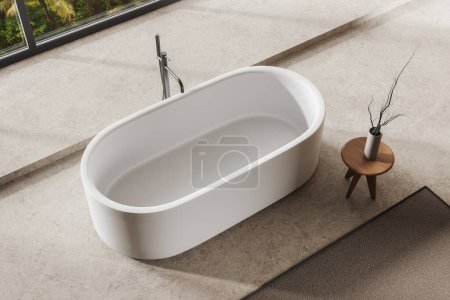 Photo for Top view of cozy home bathroom interior with bathtub and accessories, light concrete floor. Bathing corner in modern apartment. Panoramic window on tropics. 3D rendering - Royalty Free Image